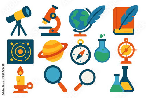 Scientific Revolution Icons. Flat vector icons of Scientific Revolution: Telescope, Microscope, Globe, Quill, Book, Astronomical