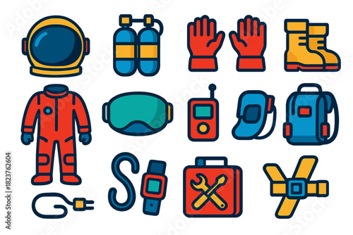 Astronaut Gear Icons. Flat vector icons of Astronaut Gear: Helmet, Oxygen Tank, Gloves, Space Boots, Suit, Visor, Communication