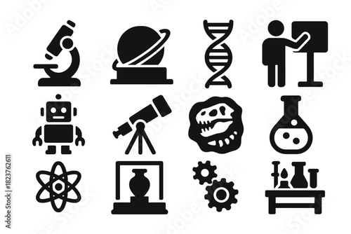Science Museum Icons. Solid style icons of science museums: microscope, planetarium, DNA model, interactive exhibit, robot,