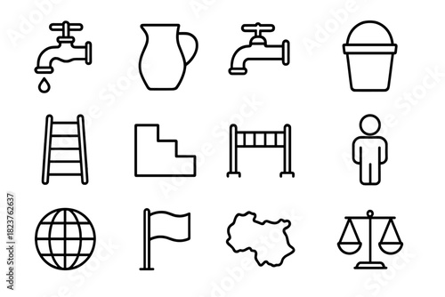 Access Inequality Icons. Line style icons of Access Inequality: Faucet, Water Jug, Tap, Bucket; Ladder, Step, Barrier, Person;