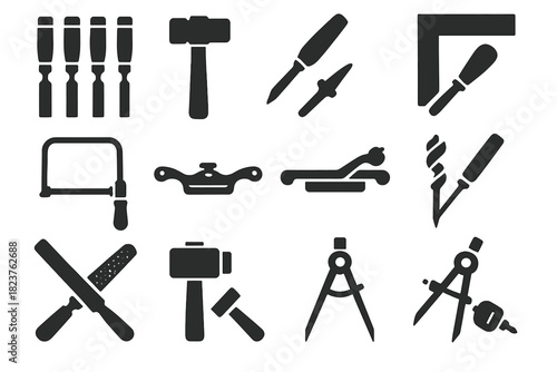 Hand Tool Mastery Icons. Solid style icons of hand tool mastery: chisels set, wooden hammer, marking knife, carpenter square,
