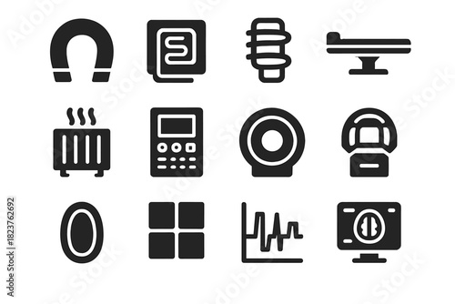 MRI Components Icons. Solid style icons of MRI components: magnet, gradient coil, RF coil, patient bed, cooling system, control