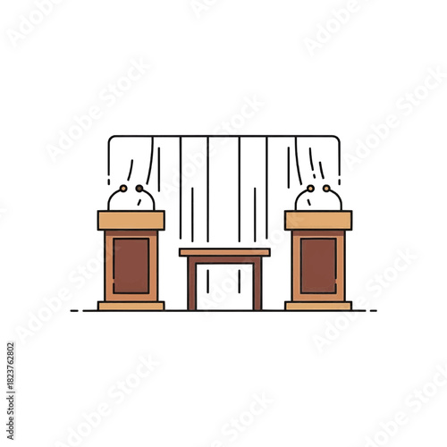 Two podiums table curtains empty stage, simple line illustration, brown white, debate conference presentation