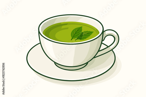 Minimalist Herbal Teacup. Minimalist teacup filled with herbal tea placed on a clean white surface, vibrant green tones and sharp
