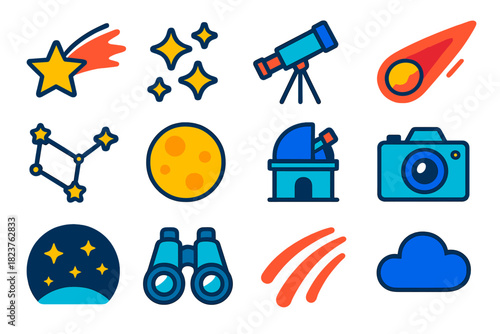Geminids Icon Set. Flat vector icons of Geminids Meteor Shower: Shooting Star, Star Cluster, Telescope, Meteor, Constellation,