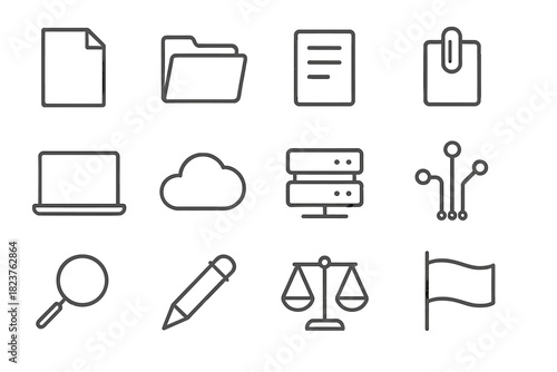 Evidence Management Icons. Line style icons of Evidence & Case Management: File, Folder, Document, Clip; Laptop, Cloud, Server,