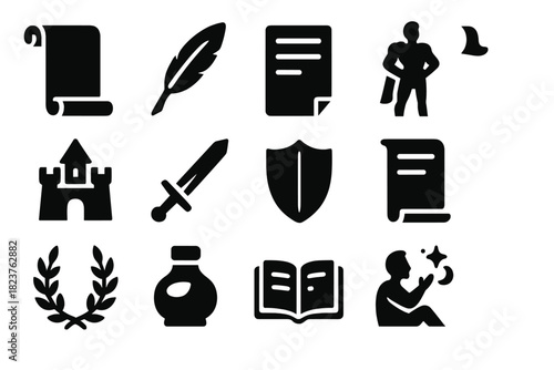 Epic Literature Icons. Solid style icons of epic literature: scroll, quill, manuscript, hero figure, castle, sword, shield,
