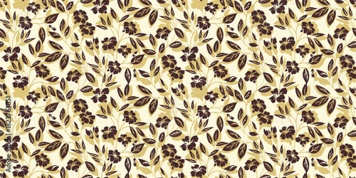 Seamless vector floral pattern with deep brown blossoms, beige leaf accents, and layered botanical shapes on a light cream background. Elegant vintage style design for textiles and deco