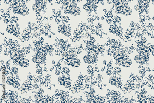 Elegant seamless floral vector pattern with detailed hand drawn blossoms, buds and leaves in classic navy outlines on a light background. Vintage, refined for textiles and packaging