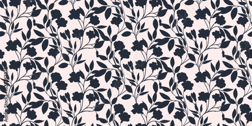 Seamless vector floral pattern with bold dark silhouettes of blooming flowers and leaves on a soft pastel background. Modern elegant botanical design for textiles and decor