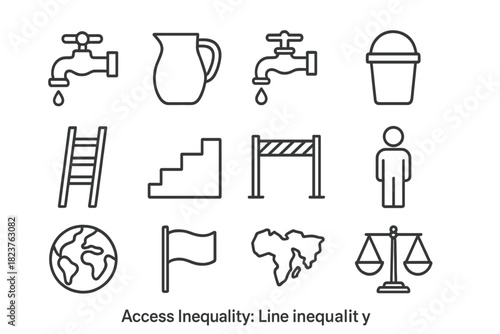 Access Inequality Icons. Line style icons of Access Inequality: Faucet, Water Jug, Tap, Bucket; Ladder, Step, Barrier, Person;