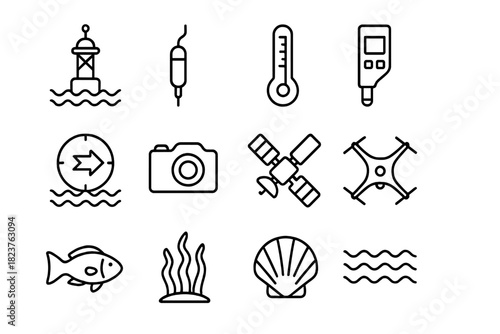 Marine Monitoring Icons. Line style icons of Marine Monitoring: Sensor Buoy, Water Probe, Thermometer, pH Meter; Current Meter,