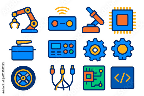 Robotics Engineering Icons. Flat vector icons of robotics engineering: robotic arm, sensor, actuator, microcontroller, servo motor