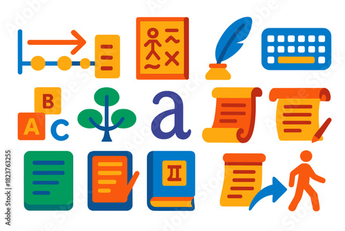 Language Evolution Icons. Flat vector icons of language evolution: timeline chart, ancient manuscript, quill pen, modern keyboard,