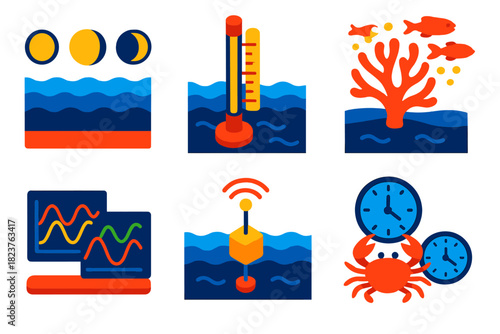 Marine Chronobiology Icons. Isometric vector illustration set Chronobiology of marine organisms: moon phases over ocean, tidal