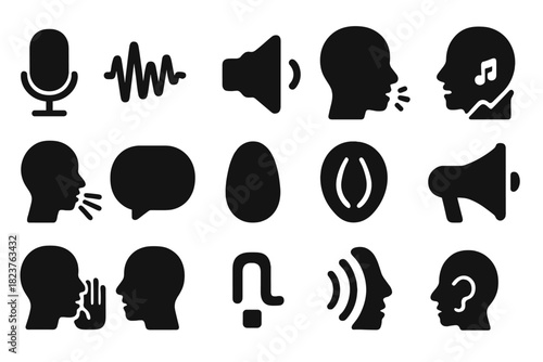 Vocal Technique Icons. Solid style icons of vocal techniques: microphone, sound waves, volume icon, pitch indicator, breathing