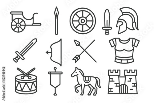 Ancient Warfare Icons. Line style icons of Ancient Warfare: Chariot, Spear, Shield, Helmet; Sword, Bow, Arrow, Armor; War Drum,
