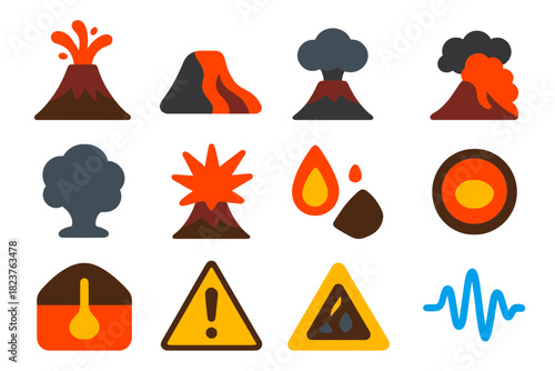 Volcano Icon Set. Flat vector icons of Volcanic Eruptions: Volcano, Lava Flow, Ash Cloud, Pyroclastic Flow, Smoke, Explosion, Lava