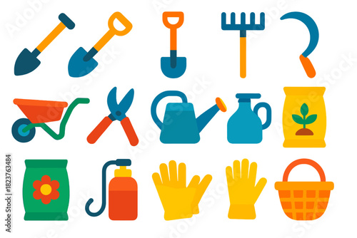 Bright Agricultural Icons. Flat vector icons of Agricultural Tools: Hoe, Shovel, Rake, Sickle, Wheelbarrow, Pruning Shears,