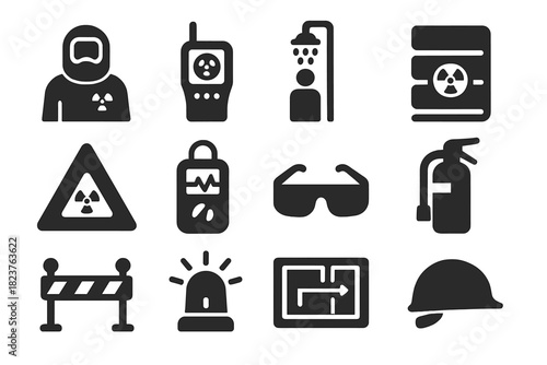 Nuclear Safety Icons. Solid style icons of safety in nuclear physics: radiation suit, Geiger counter, emergency shower, lead