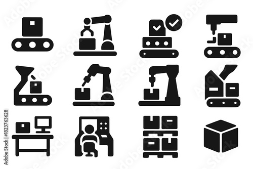 Assembly Line Icons. Solid style icons of assembly line operations: product on belt, robotic arm, quality check, labeling machine,