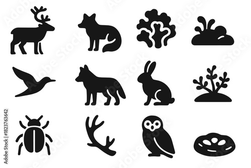 Tundra Life Icons. Solid style icons of Tundra Life: Reindeer, Arctic Fox, Lichen, Moss, Migrating Bird, Wolf, Hare, Small Shrub,