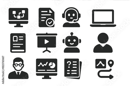 Intelligent Education Icons. Solid style icons of Intelligent Education Systems: adaptive learning platform, auto grading, virtual