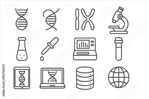 Genomic Medicine Icons. Line style icons of Genomic Medicine: DNA Helix, Gene, Chromosome, Microscope; Test Tube, Pipette,