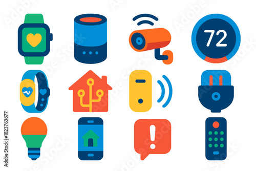 Smart Device Icons. Flat vector icons of smart devices: smartwatch, smart speaker, connected camera, smart thermostat, wearable