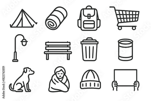 Line Style Homeless Icons. Line style icons of Homelessness: Tent, Sleeping Bag, Backpack, Cart; Streetlight, Bench, Trash Bin,