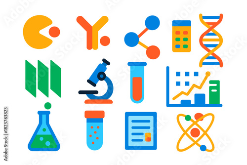 Protein Analysis Icons. Flat vector icons of Protein Analysis: Enzyme, Active Site, Molecular Bond, Helix, Beta Sheet, Microscope,