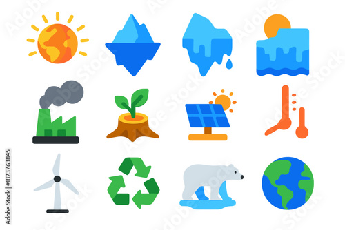 Climate Icons Collection. Flat vector icons of Climate Change Concepts: Global Warming, Iceberg, Melting Glacier, Carbon Emission,