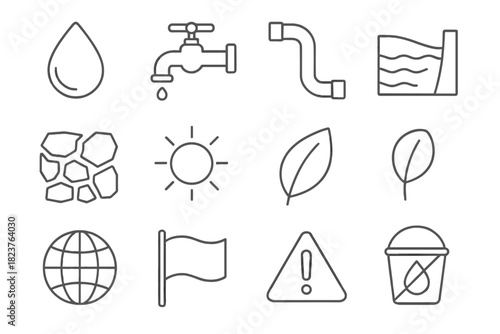 Global Water Icons. Line style icons of Global Water Issues: Water Drop, Faucet, Pipe, Reservoir; Drought, Cracked Ground, Sun,