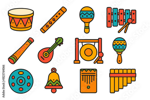 Indigenous Instrument Icons. Flat vector icons of Indigenous Instruments: Drum, Flute, Maraca, Xylophone, Didgeridoo, String