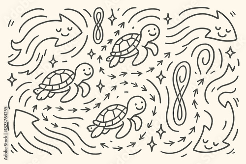 Joyful Sea Turtle Journey. Joyful doodle ocean migration route with happy sea turtles, cartoon currents smiling, magnetic field