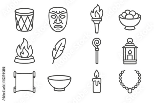 Ritual Symbols Icons. Line style icons of Rituals & Traditions: Drum, Mask, Torch, Offering; Fire Pit, Feather, Staff, Lantern;