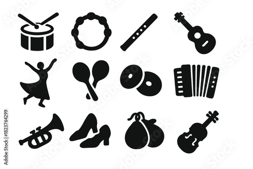 Music and Dance Icons. Solid style icons of music and dance: drum, tambourine, flute, guitar, dancer, maraca, cymbals, accordion,