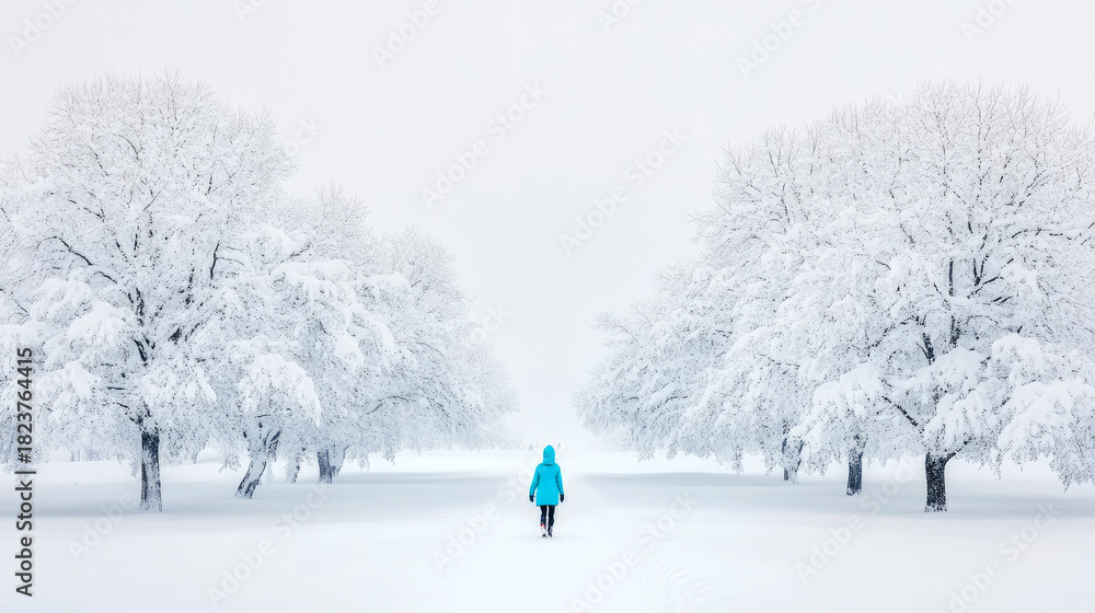 Fototapeta premium Solitary figure in bright blue jacket walks through breathtaking winter wonderland, along pristine snow-covered path flanked by majestic, frost-laden trees on calm, serene day.