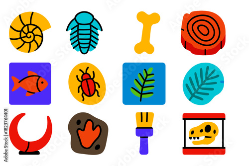 Colorful Fossil Icons. Flat vector icons of Fossil Studies: ammonite, trilobite, dinosaur bone, petrified wood, fish fossil,