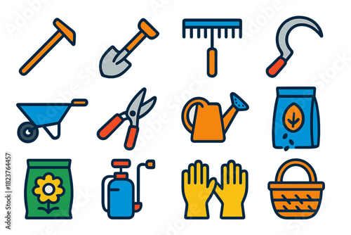Bright Agricultural Icons. Flat vector icons of Agricultural Tools: Hoe, Shovel, Rake, Sickle, Wheelbarrow, Pruning Shears,