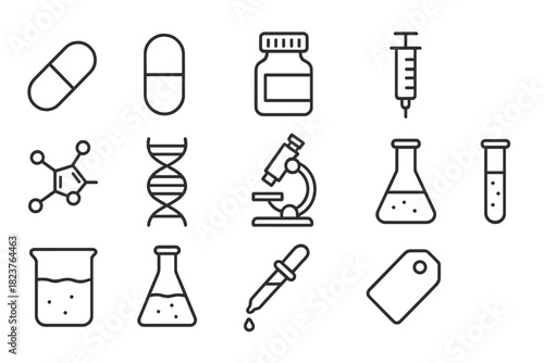 Tailored Drugs Icons. Line style icons of Tailored Drugs: Pill, Capsule, Medicine Bottle, Syringe; Chemical Structure, DNA Strand,