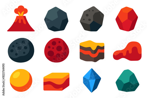 Bold Magma Rock Icons. Flat vector icons of Magma & Rock Types: Basalt, Andesite, Rhyolite, Obsidian, Pumice, Scoria, Tuff, Lava