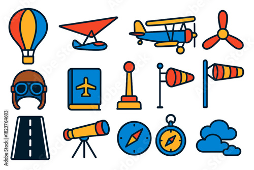 Early Flight Icons. Flat vector icons of early flight inventions: hot air balloon, glider, biplane, propeller, pilot helmet,