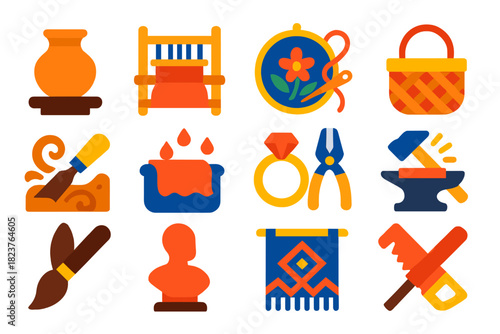 Traditional Crafts Icons. Flat vector icons of Traditional Crafts: Pottery, Weaving Loom, Embroidery, Basket, Wood Carving,