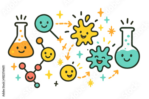 Joyful Chemistry Doodles. Joyful doodle color chemistry diagram with happy molecules, cartoon pigments reacting, cheerful flasks
