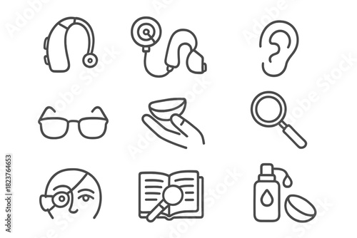 Line Style Aids Icons. Line style icons of Hearing & Vision Aids: Hearing Aid, Cochlear Implant, Ear Canal Device, Amplifier;