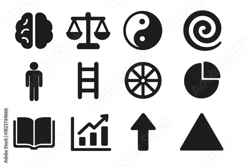 Classic Theories Icons. Solid style icons of Classic Theories: Brain Hemisphere, Balance Scale, Yin Yang, Spiral, Human Figure,