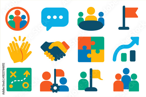 Team Dynamics Icons. Flat vector icons of Team Dynamics: Circle, Conversation Bubble, Leader Icon, Meeting Table, High Five,