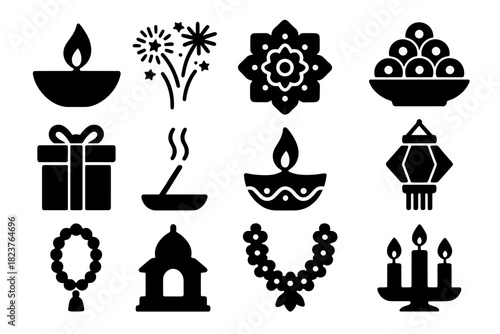 Diwali Celebration Icons. Solid style icons of Diwali celebrations: oil lamp, fireworks, rangoli, sweets platter, gift box,
