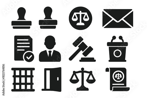 Verdict Icons Collection. Solid style icons of verdict outcomes: guilty stamp, not guilty stamp, mistrial symbol, sealed envelope,